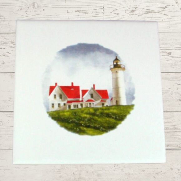 Ceramic Coaster Spoon Rest Square With Lighthouse, Tile Trivet, Wine Trivet - Picture 1 of 6